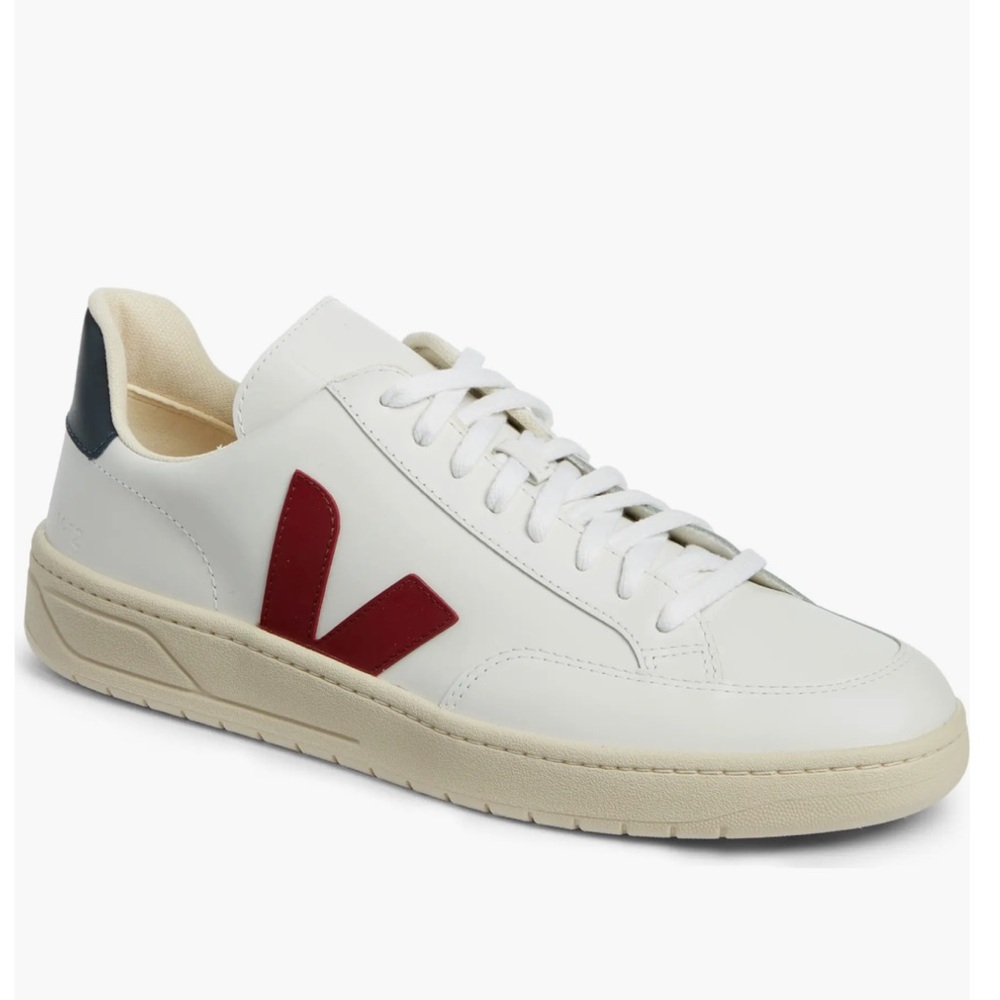 Veja V-12 White Leather Sneakers With Burgundy Logo V Navy  Back Spellout Size 6